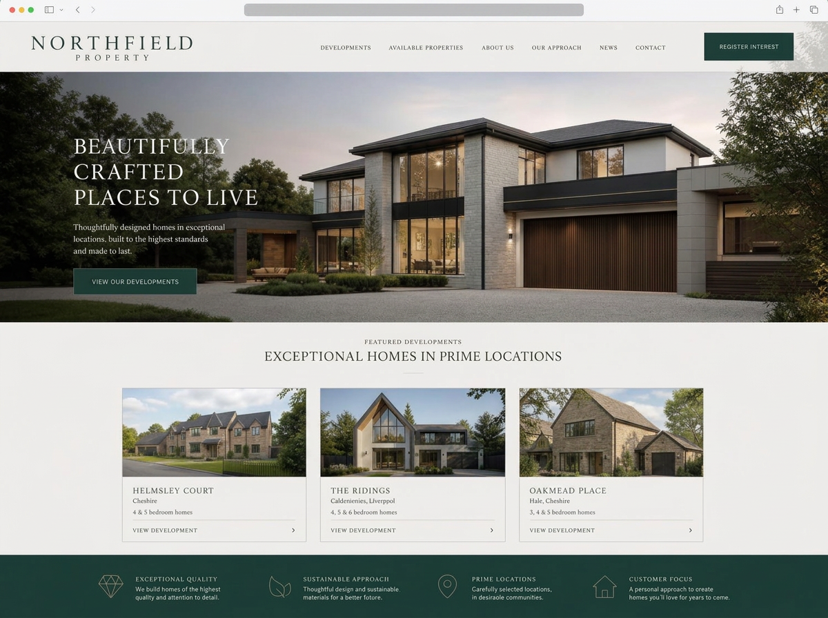 Website design for a property development business with architectural photography and development listings